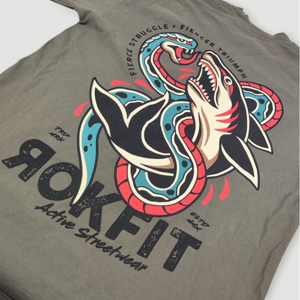 RokFit Fierce Struggle Street Tee Mens Large Olive Green Shark Snake USA